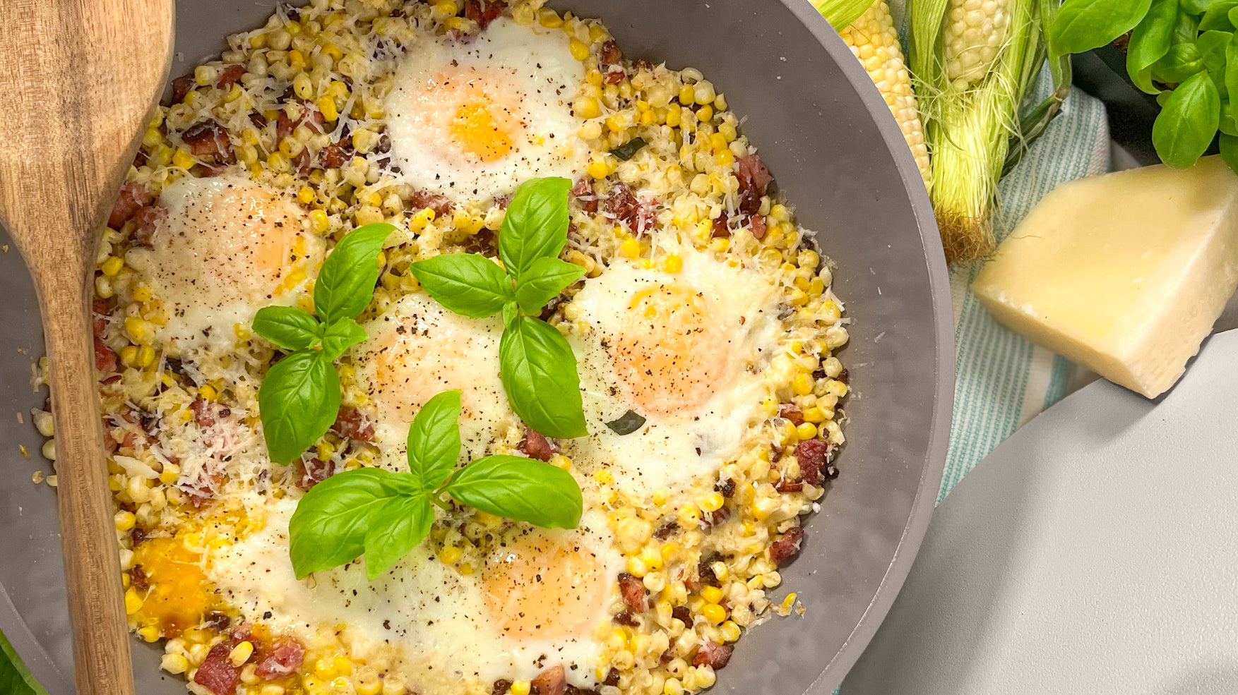 Carbonara Inspired Corn Skillet inside of the Warm Gray Pan garnished with oregano