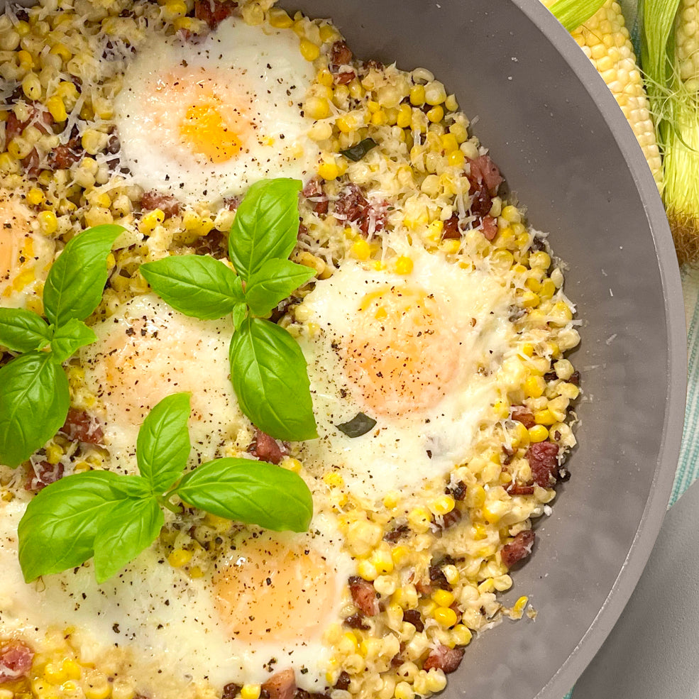 Carbonara Inspired Corn Skillet inside of the Warm Gray Pan garnished with oregano