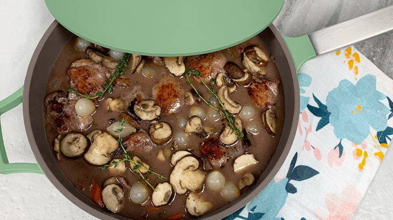 Coq Au Vin cooked in side of the Pan in Green