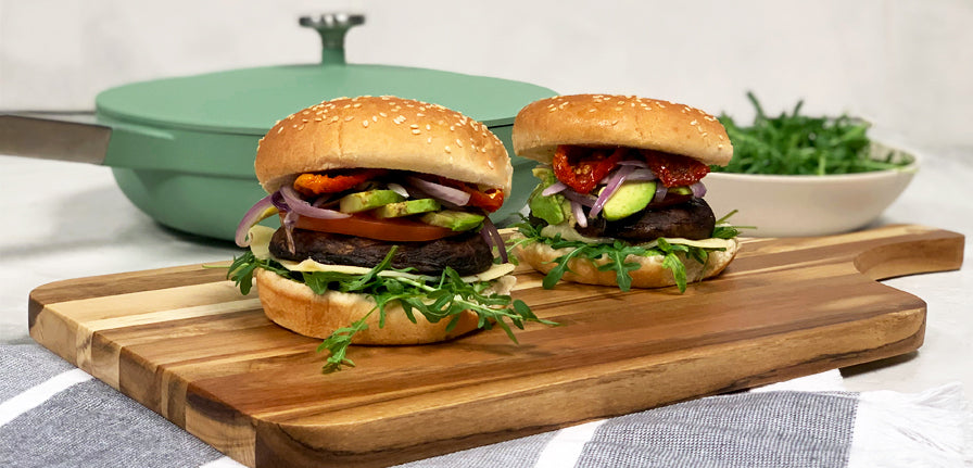 Portobello Mushroom Burgers on a serving board with the cool willow pan by perco in the background