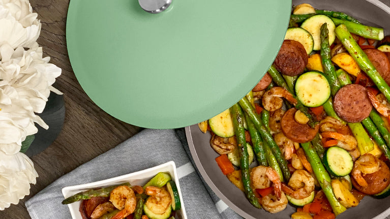 Cajun Shrimp & Sausage Vegetable Skillet inside The Pan in Cool Willow