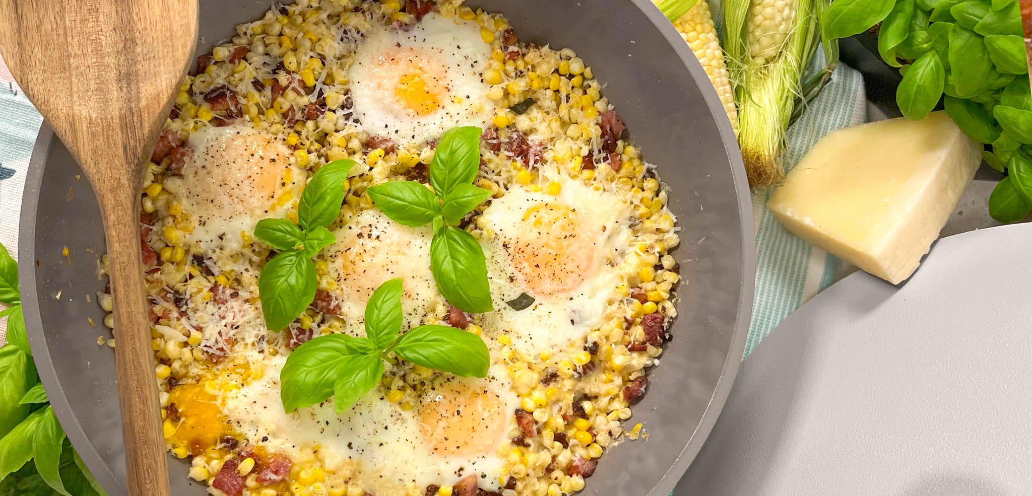 Carbonara Inspired Corn Skillet inside of the Warm Gray Pan garnished with oregano 