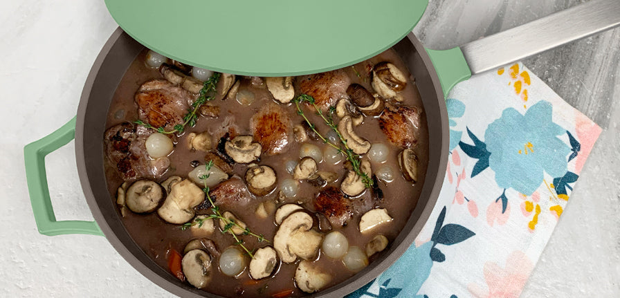 Coq Au Vin cooked in side of the Pan in Green