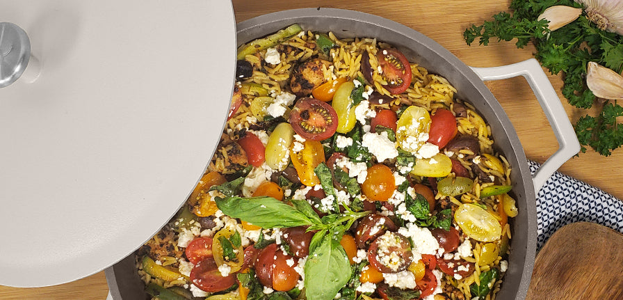 Greek Chicken and Orzo with Tomatoes Feta and Tzatziki in The Pan by Perco