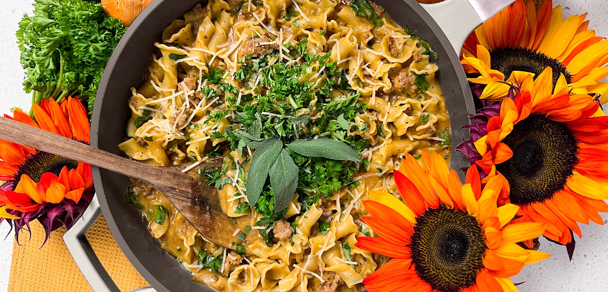 Spicy Sausage Pumpkin Pasta in The Pan