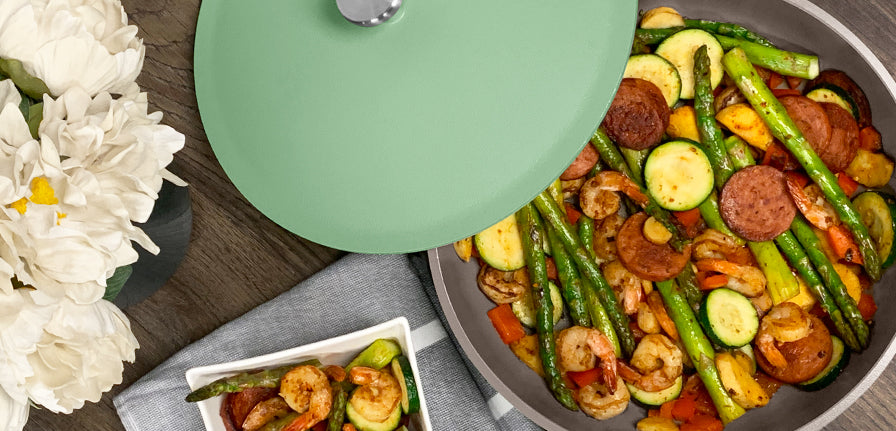 Cajun Shrimp & Sausage Vegetable Skillet inside The Pan in Cool Willow 